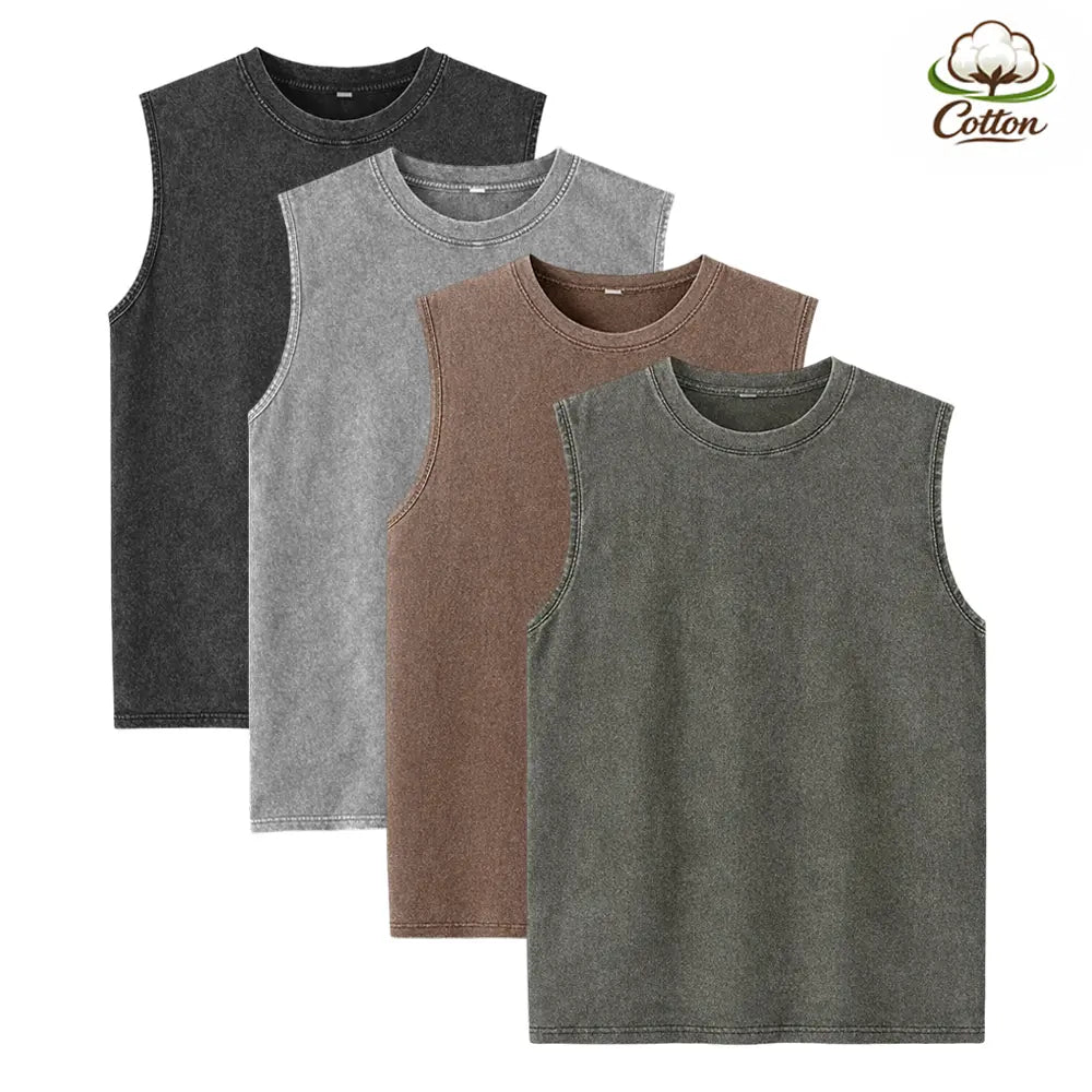 (4-pack)Oversized Vintage Washed Cotton Tees & Sleeveless Vests