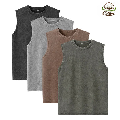 (4-pack)Oversized Vintage Washed Cotton Tees & Sleeveless Vests