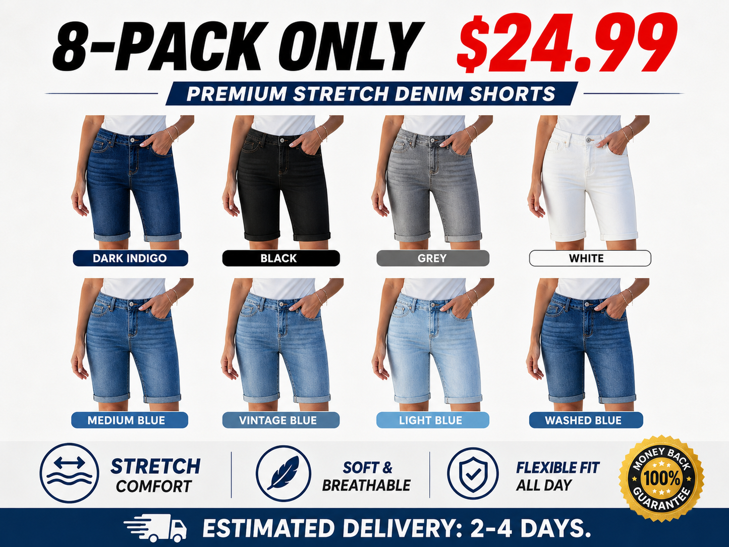 High-Waisted, Knee-Length, Cuffed Stretch Denim Shorts (Summer Style)