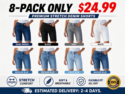 High-Waisted, Knee-Length, Cuffed Stretch Denim Shorts (Summer Style)