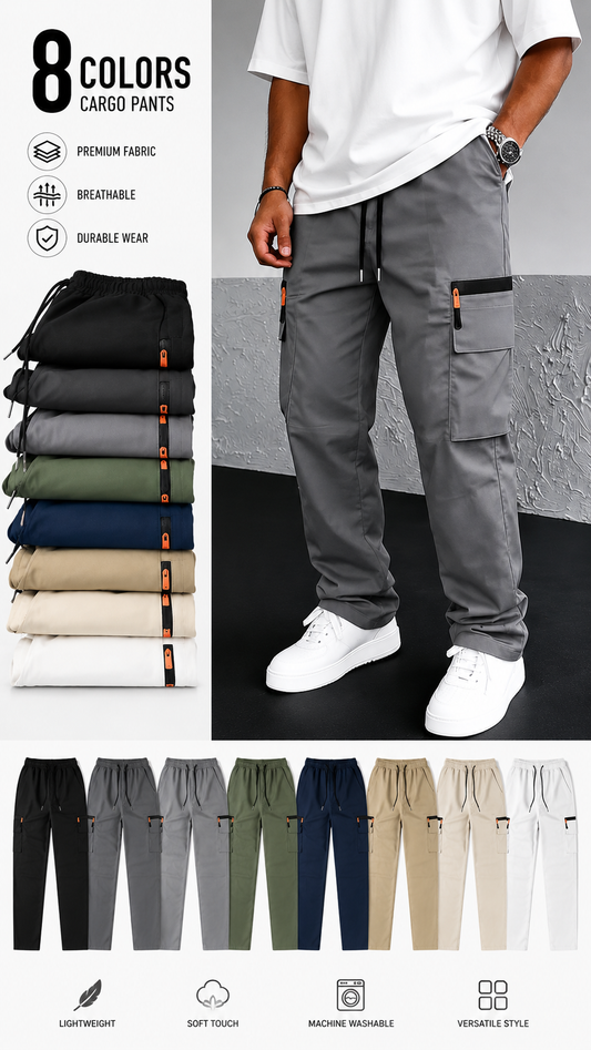 Pantalones tácticos lisos multi-paquete con múltiples bolsillos y diseño de cremallera decorativa.