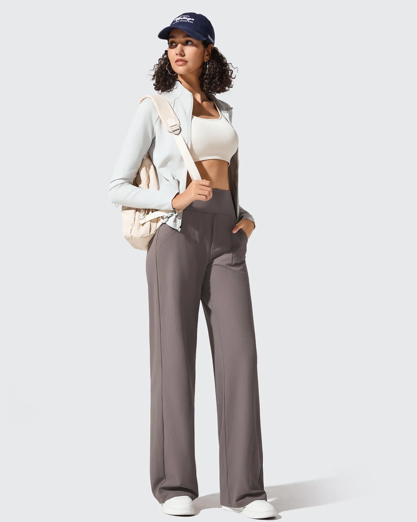 Pantalones de yoga de punto acanalado de cintura alta y pierna ancha