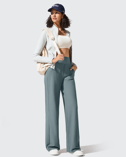 Pantalones de yoga de punto acanalado de cintura alta y pierna ancha