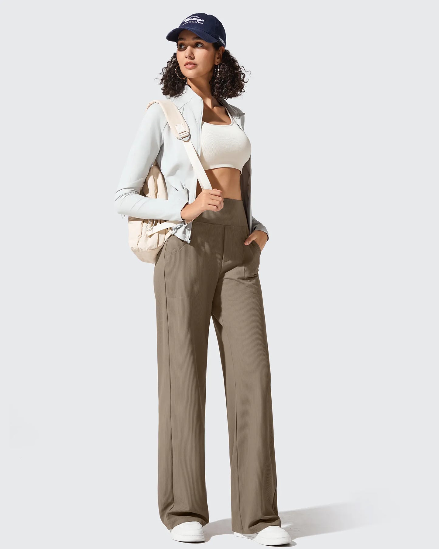 Pantalones de yoga de punto acanalado de cintura alta y pierna ancha