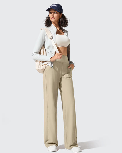 Pantalones de yoga de punto acanalado de cintura alta y pierna ancha