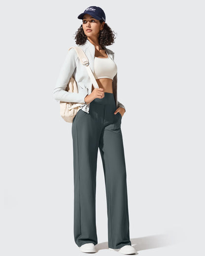 Pantalones de yoga de punto acanalado de cintura alta y pierna ancha