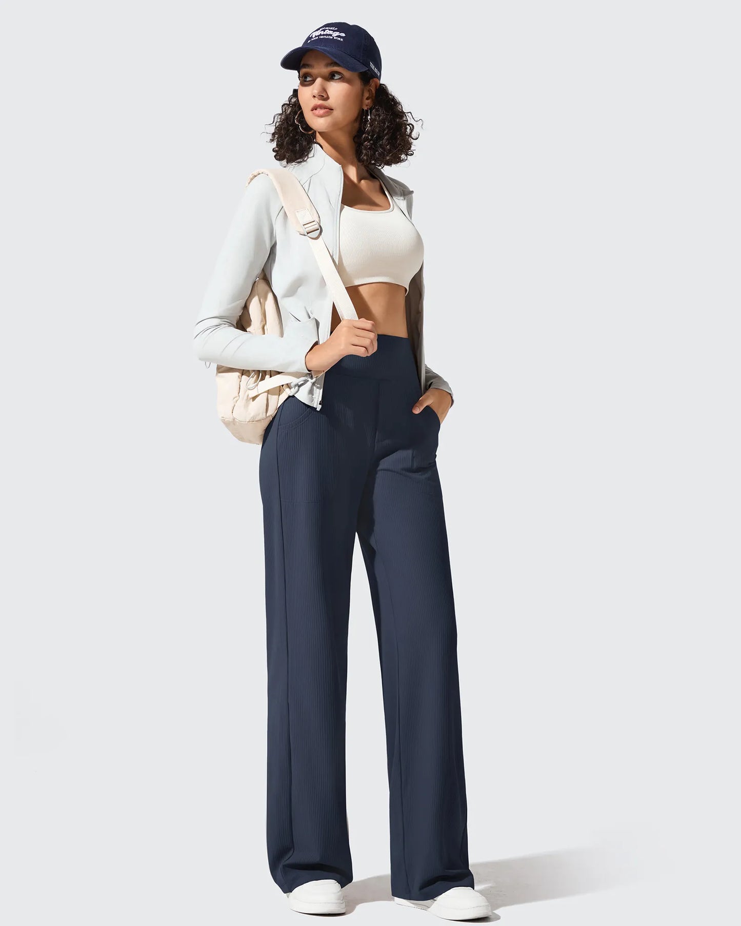 Pantalones de yoga de punto acanalado de cintura alta y pierna ancha