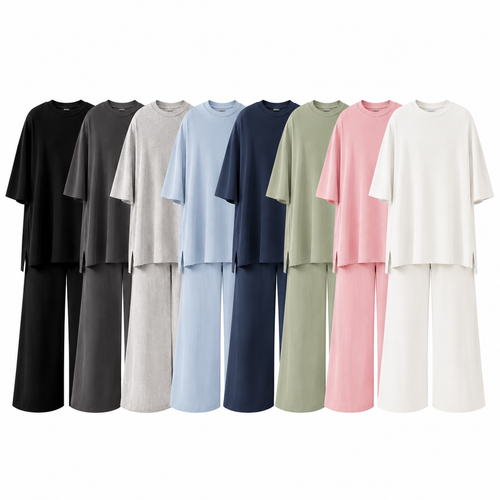Women's 2-Piece Outfits Short Sleeve Pullover Tops Split Hem Wide Leg Pants Lounge Sets