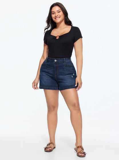 Stretchy Back Elastic Waistband Skinny-Fit Denim Shorts