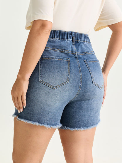 Stretchy Waist Raw Hem Straight-Leg Denim Shorts