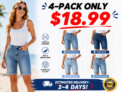 High-Waisted, Knee-Length, Cuffed Stretch Denim Shorts (Summer Style)