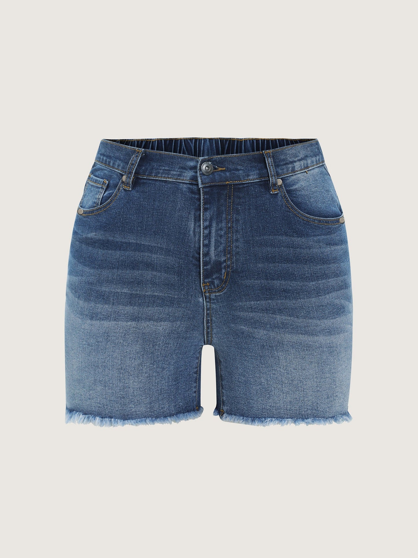 Stretchy Waist Raw Hem Straight-Leg Denim Shorts