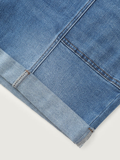 Elastic Waist Folded Hem Straight-Leg Denim Shorts