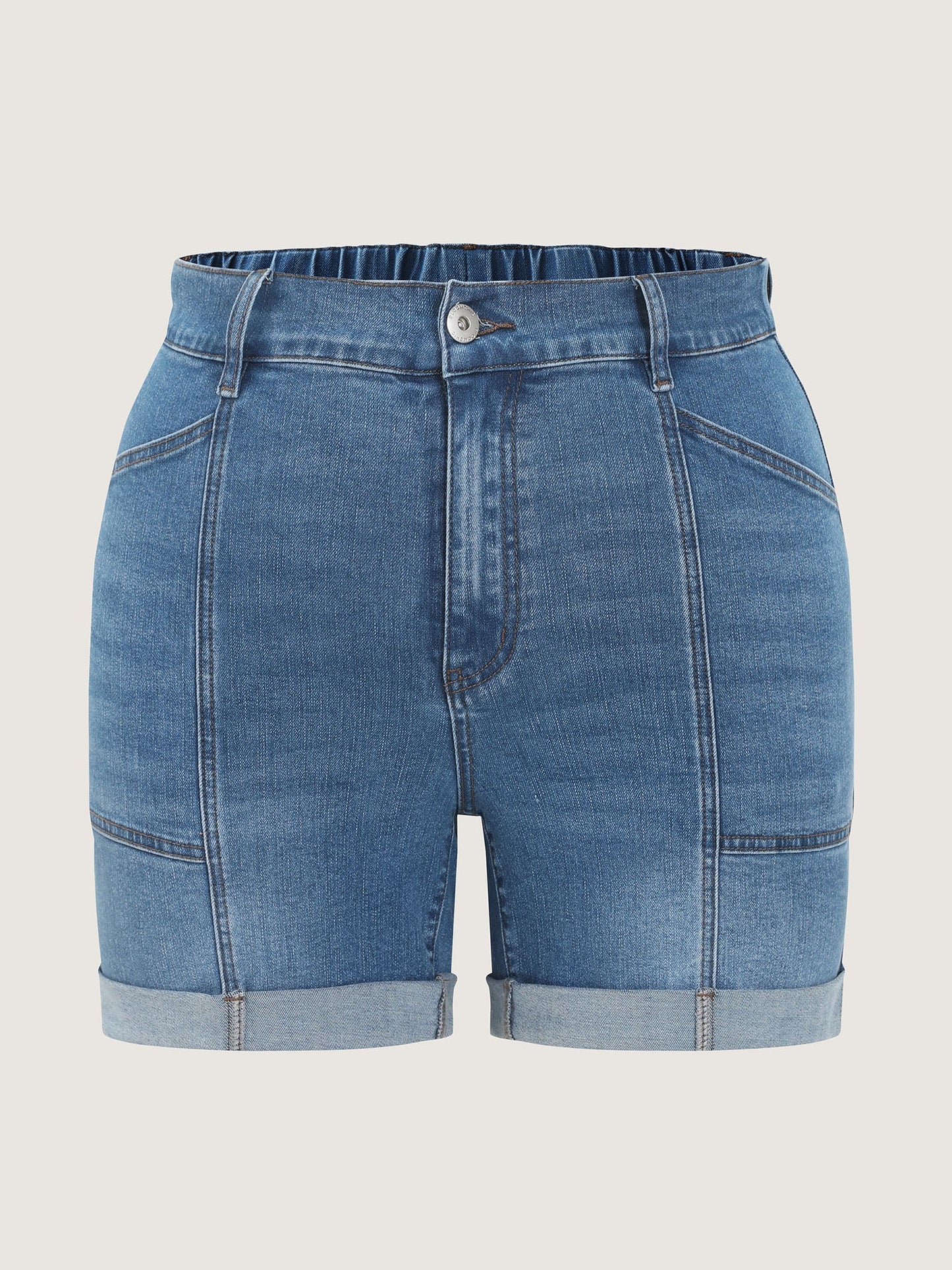 Elastic Waist Folded Hem Straight-Leg Denim Shorts