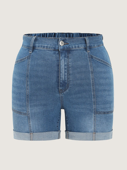 Elastic Waist Folded Hem Straight-Leg Denim Shorts