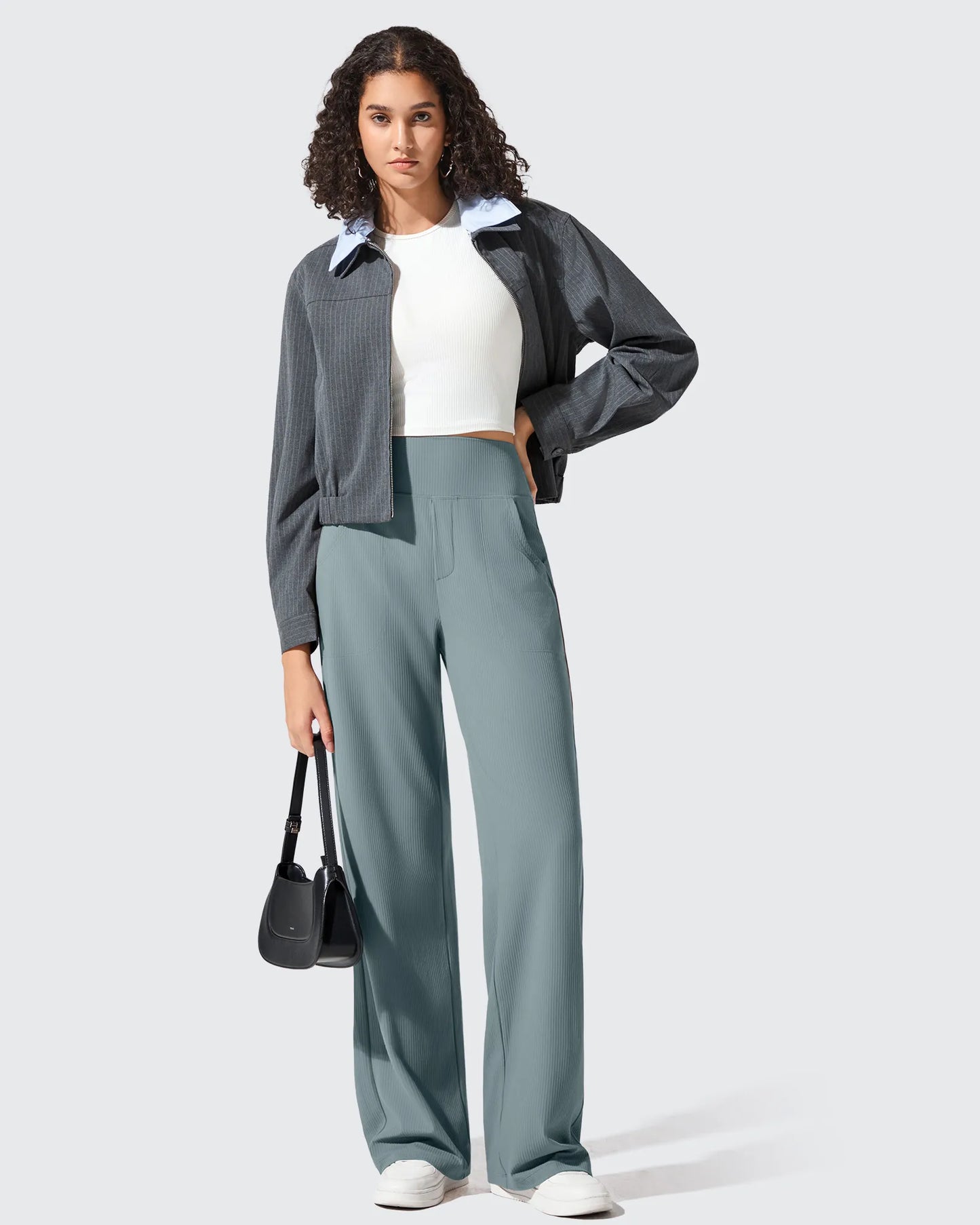 Pantalones de yoga de punto acanalado de cintura alta y pierna ancha