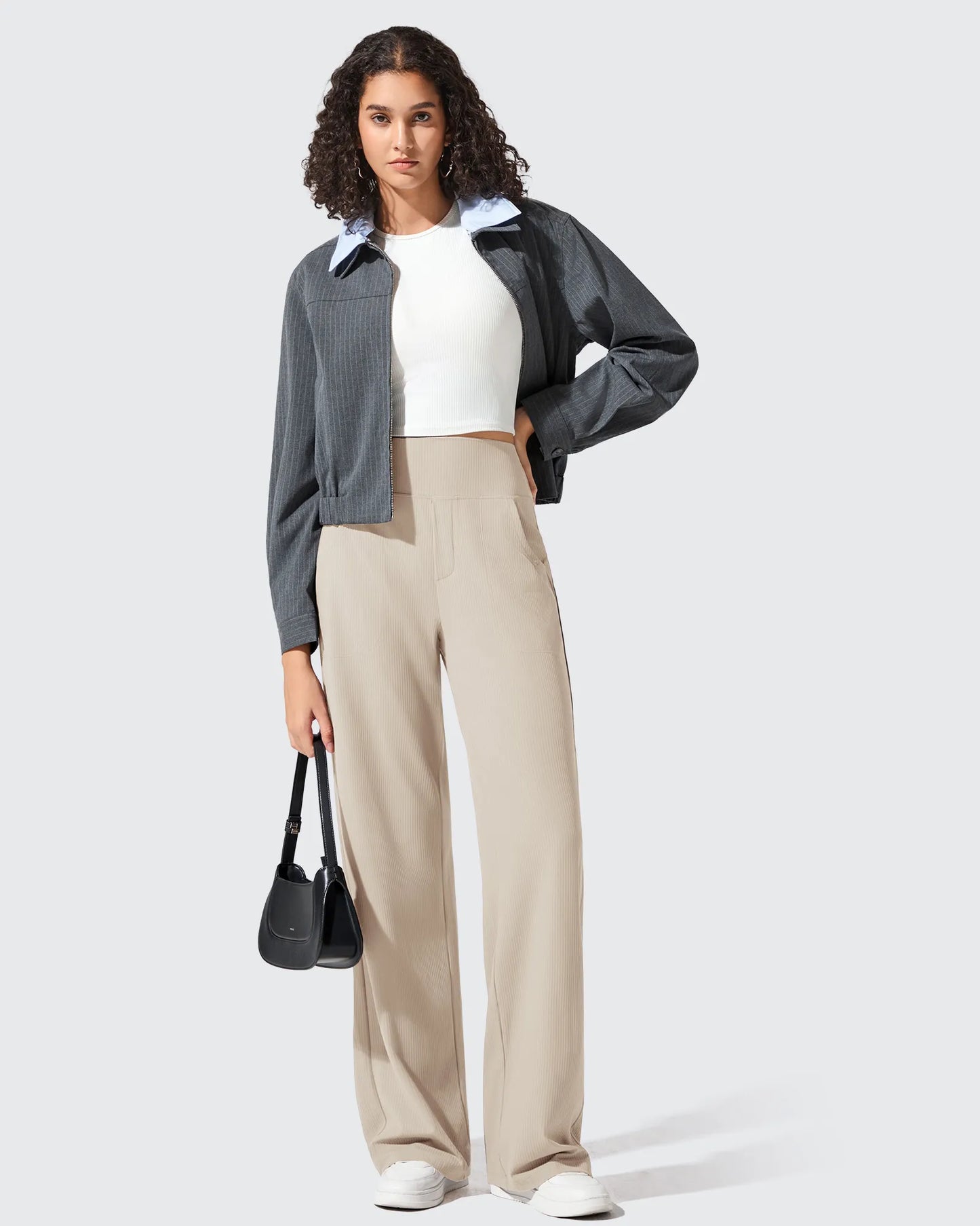 Pantalones de yoga de punto acanalado de cintura alta y pierna ancha