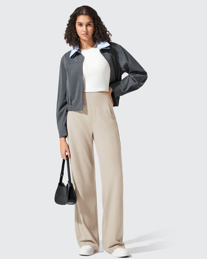 Pantalones de yoga de punto acanalado de cintura alta y pierna ancha