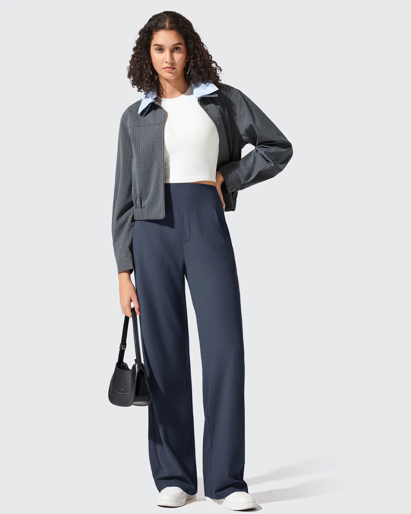 Pantalones de yoga de punto acanalado de cintura alta y pierna ancha