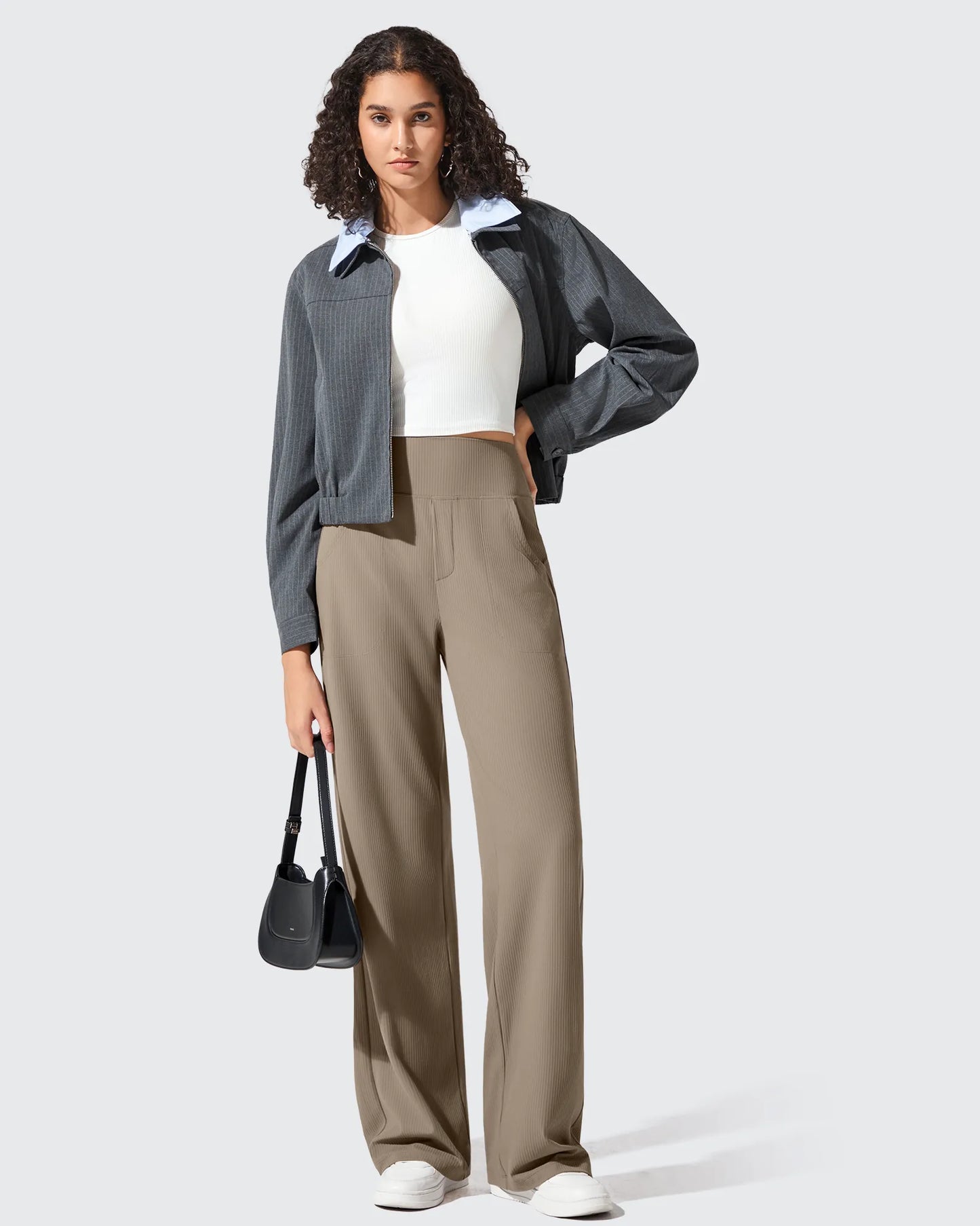 Pantalones de yoga de punto acanalado de cintura alta y pierna ancha
