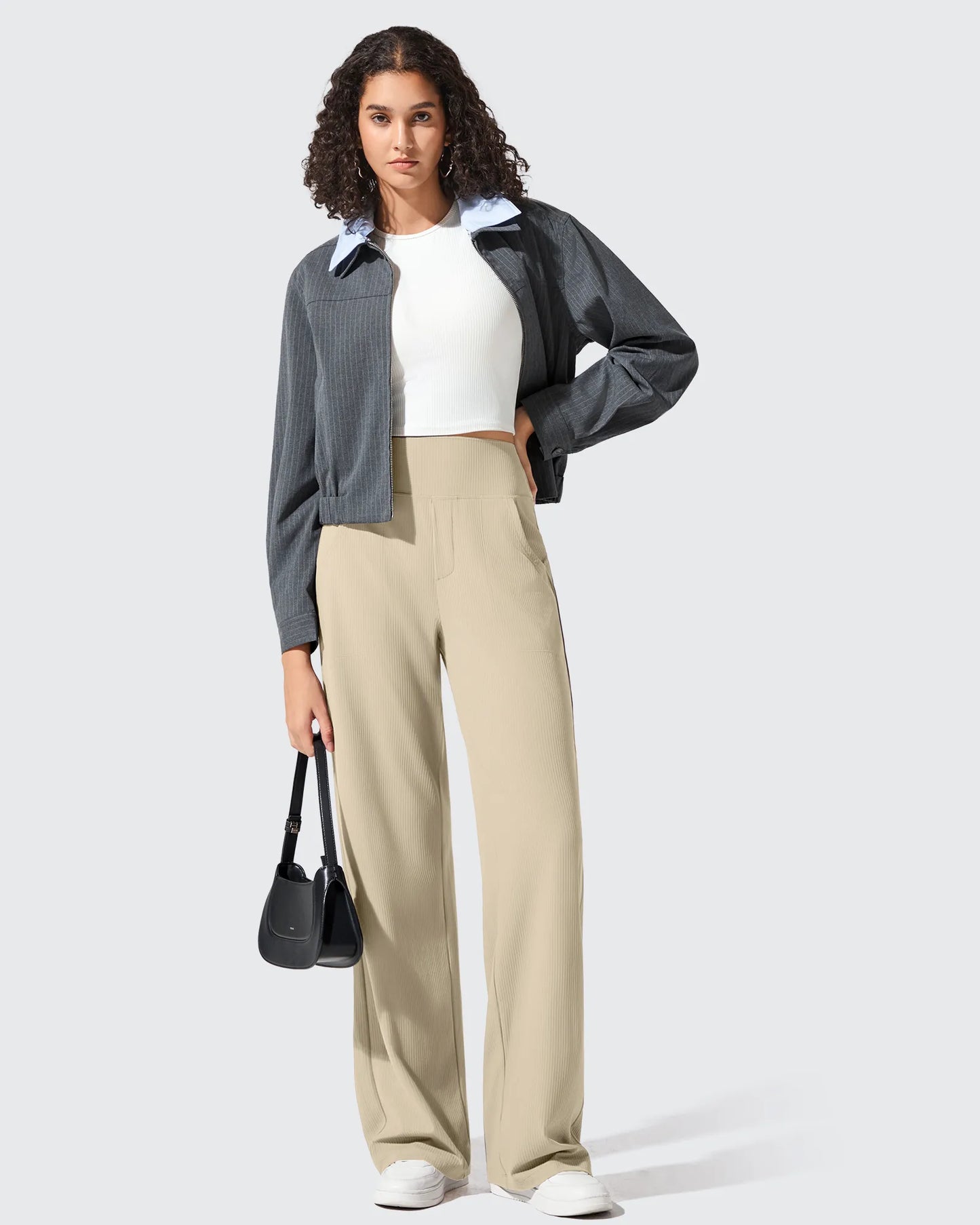 Pantalones de yoga de punto acanalado de cintura alta y pierna ancha