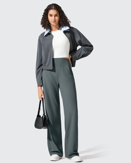 Pantalones de yoga de punto acanalado de cintura alta y pierna ancha