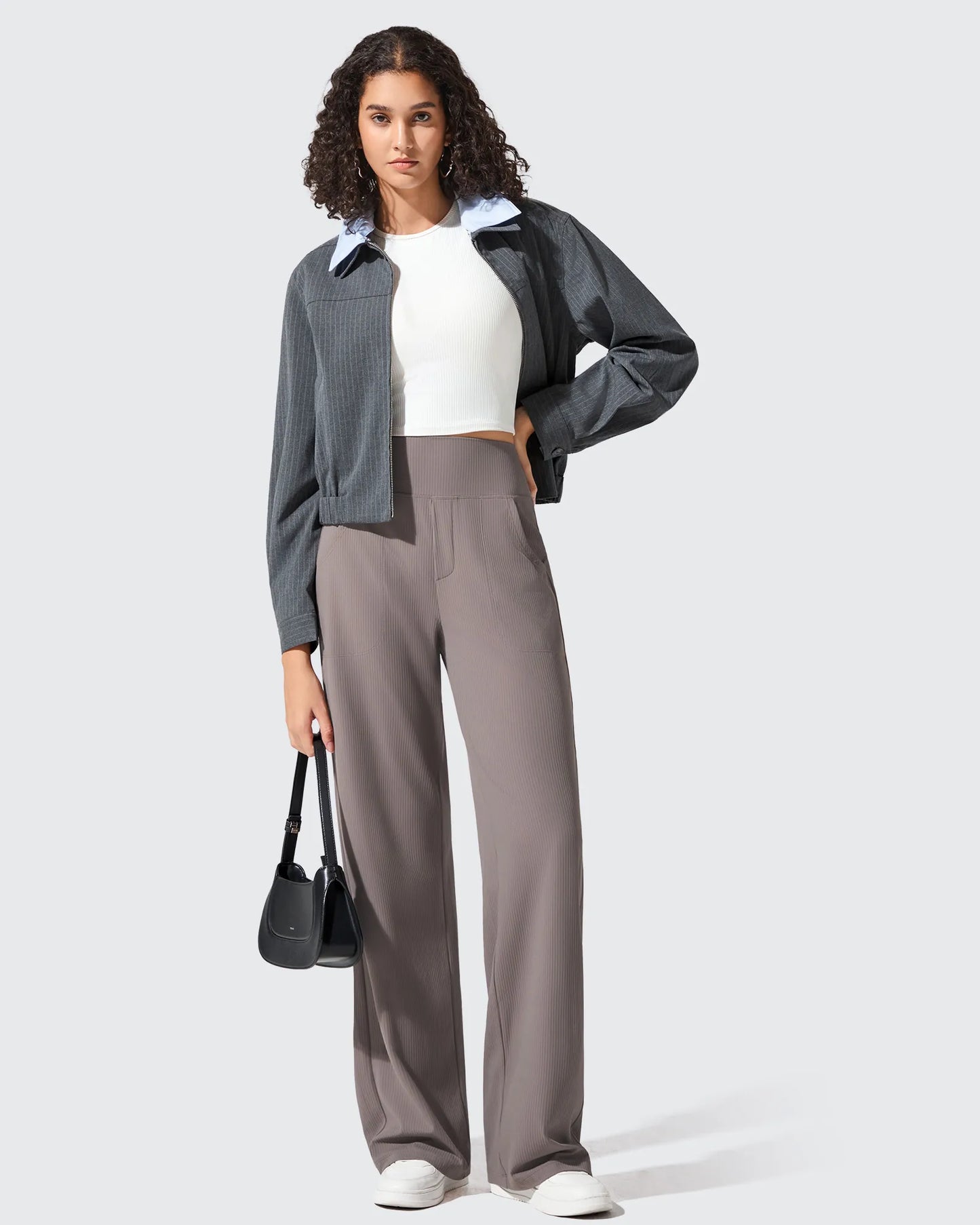 Pantalones de yoga de punto acanalado de cintura alta y pierna ancha