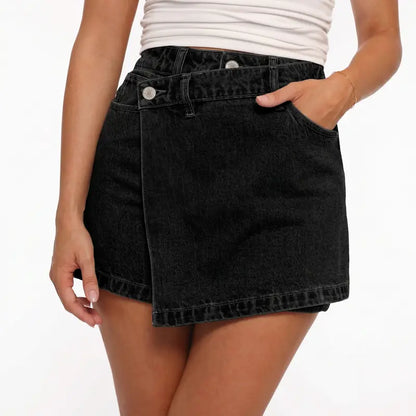 Women's high-waisted denim culottes, body-hugging stretch asymmetrical culottes