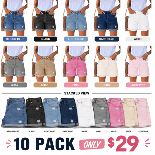 10PACK High-Waisted Distressed Rolled-Up Denim Shorts