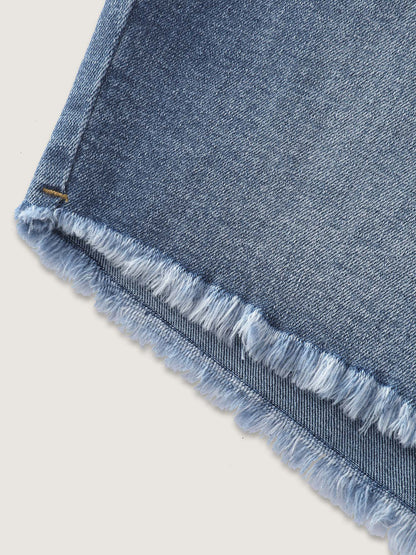 Stretchy Waist Raw Hem Straight-Leg Denim Shorts