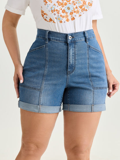 Elastic Waist Folded Hem Straight-Leg Denim Shorts