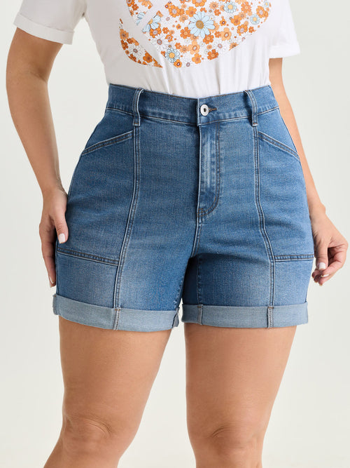 Elastic Waist Folded Hem Straight-Leg Denim Shorts