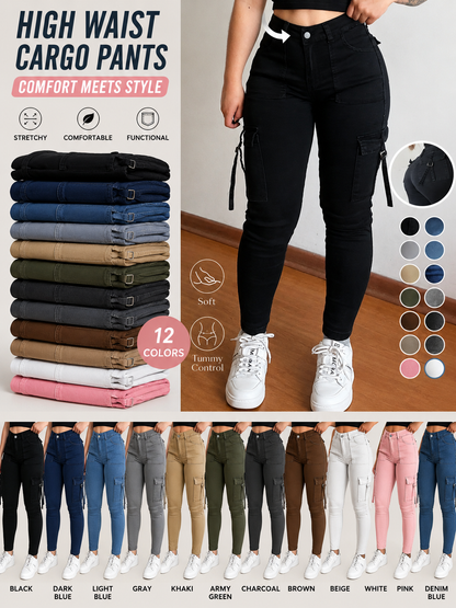 Women's Plain Multi-pocket Denim Elastic Slim Fit Button Cargo Pants