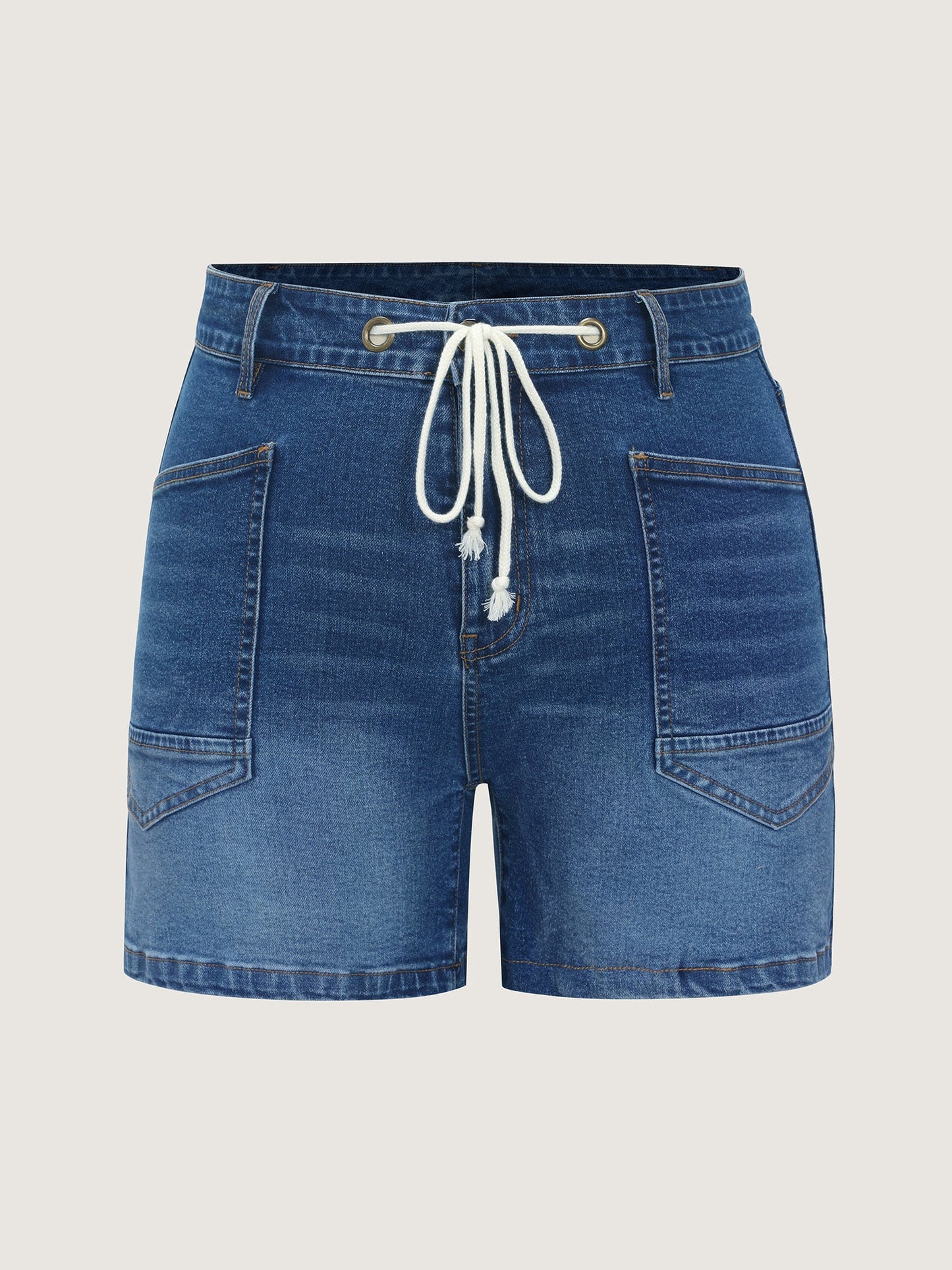 Stretchy Drawstring Straight-Leg Denim Shorts