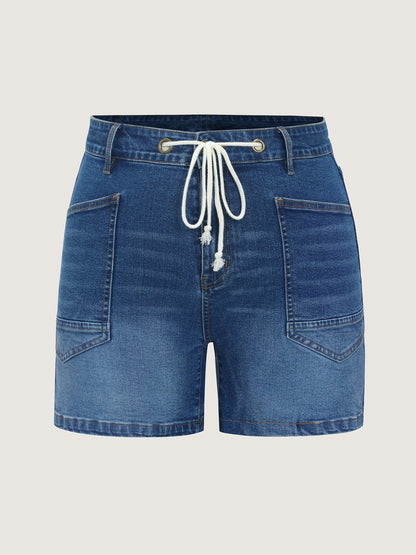 Stretchy Drawstring Straight-Leg Denim Shorts