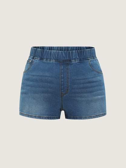 Stretchy Pull-On Pockets Denim Shorts