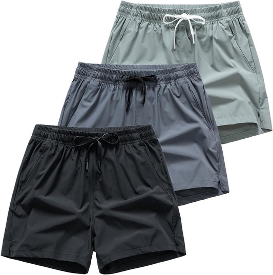 (3-pack)athletic shorts lightweight moisture wicking with zipper pockets
