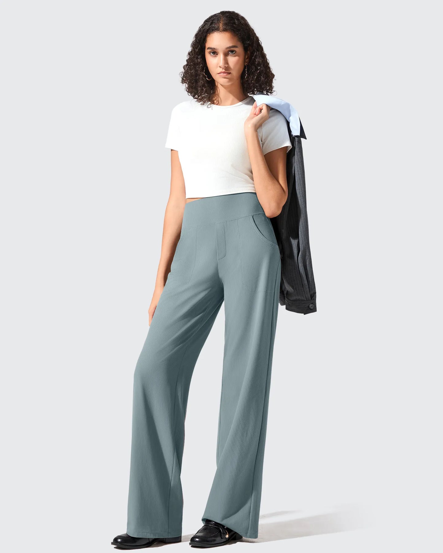 Pantalones de yoga de punto acanalado de cintura alta y pierna ancha