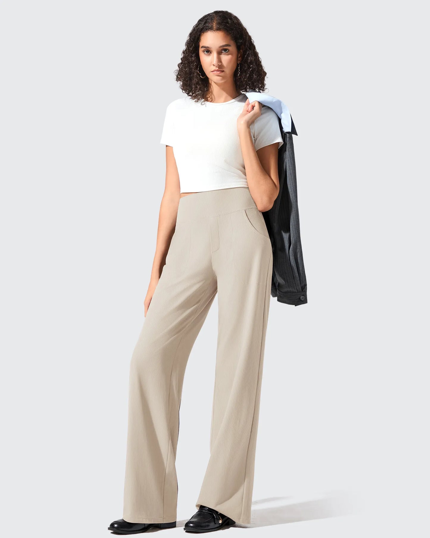 Pantalones de yoga de punto acanalado de cintura alta y pierna ancha