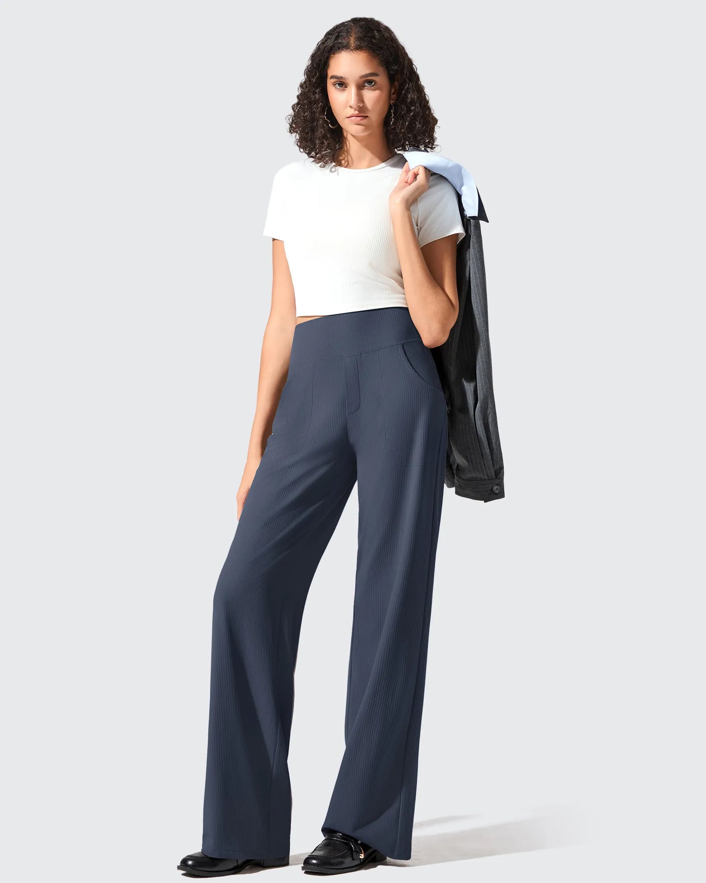 Pantalones de yoga de punto acanalado de cintura alta y pierna ancha