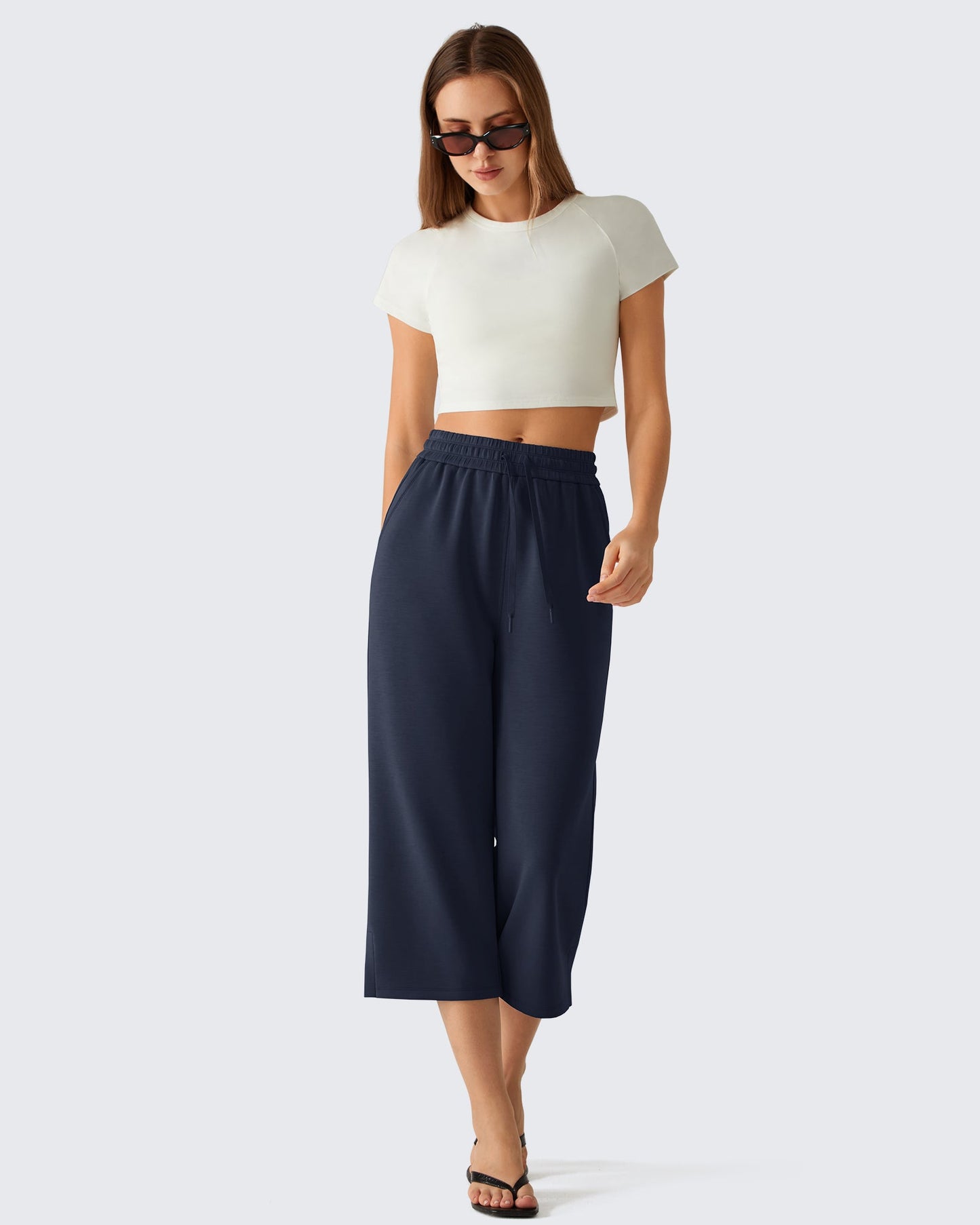 G4Free Smoofit Pantalones Capri de Pierna Ancha con Cordón y Bolsillos