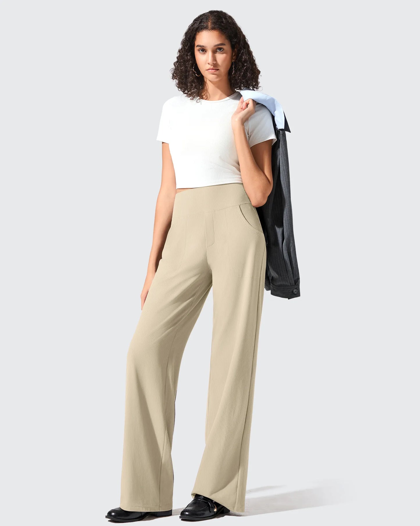 Pantalones de yoga de punto acanalado de cintura alta y pierna ancha