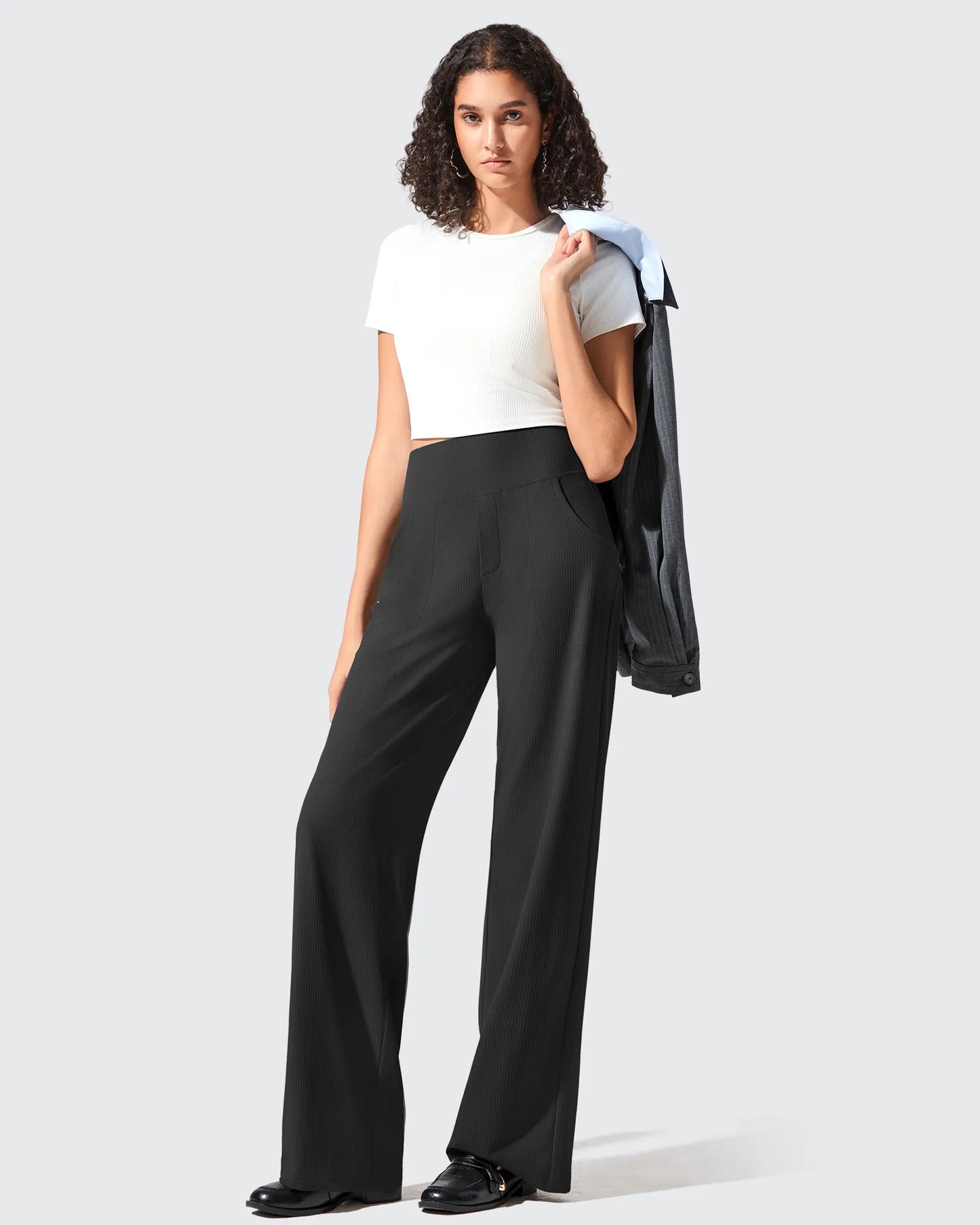 Pantalones de yoga de punto acanalado de cintura alta y pierna ancha
