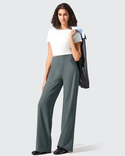 Pantalones de yoga de punto acanalado de cintura alta y pierna ancha