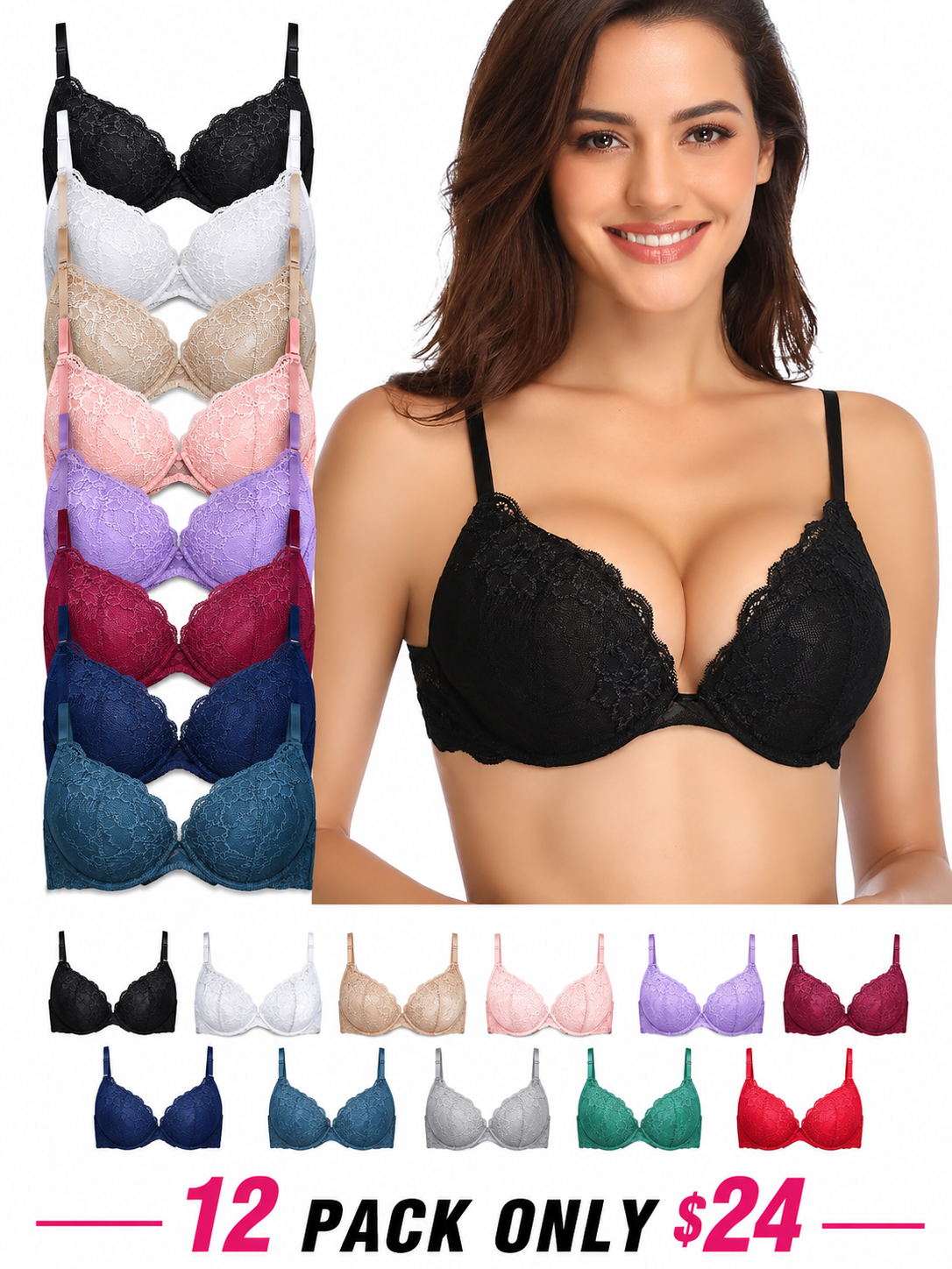Padded Push Up Lace Bras for Women Underwire Bras Comfort Floral（副本）