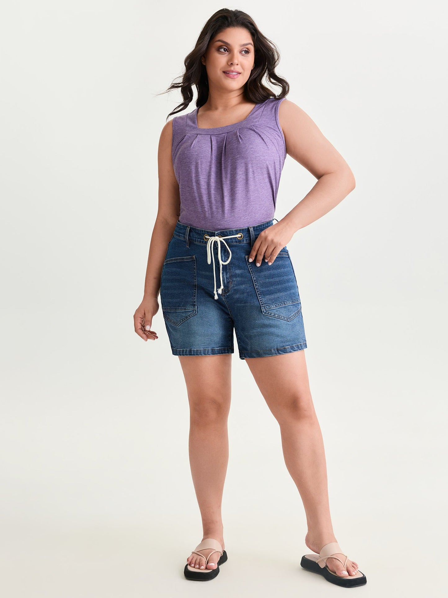 Stretchy Drawstring Straight-Leg Denim Shorts