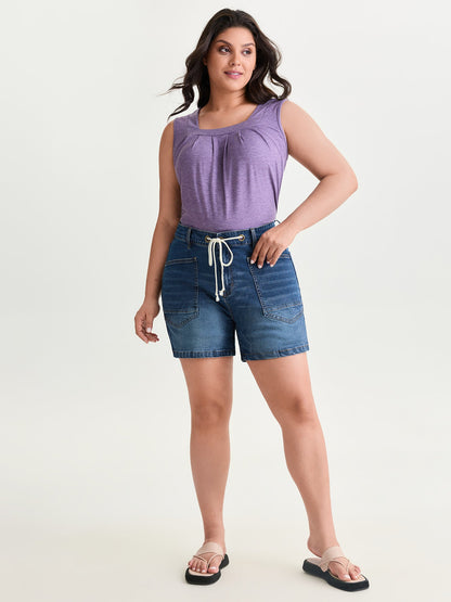 Stretchy Drawstring Straight-Leg Denim Shorts
