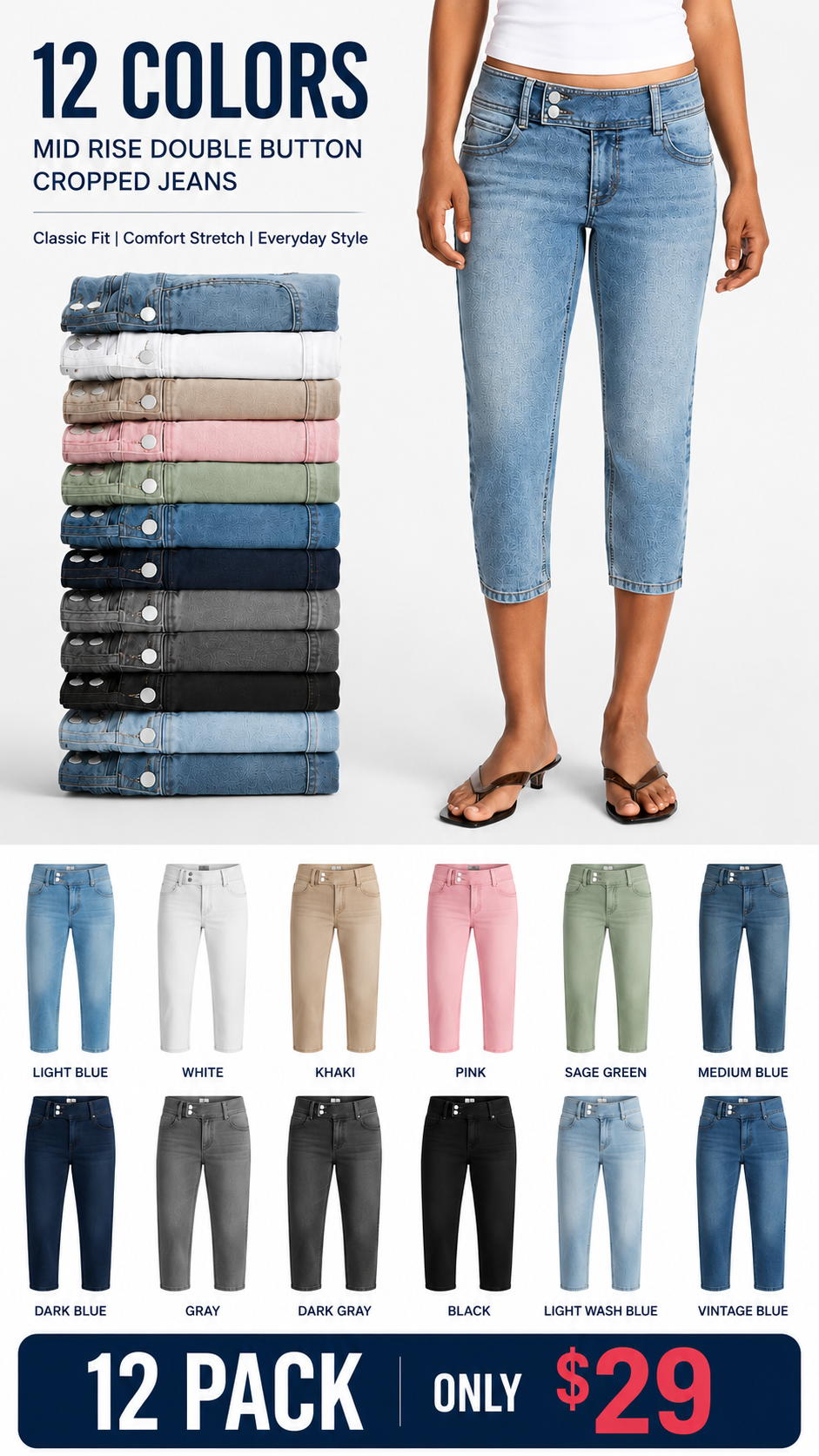 Low Rise Denim Capri Pants, 21" Inseam, Women's 0-20