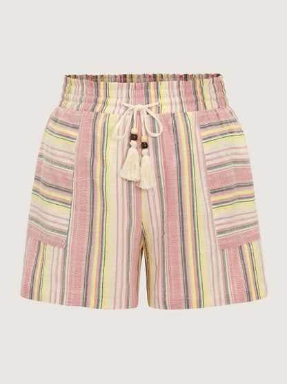 Asymmetrical Striped Tassel Drawstring Shorts