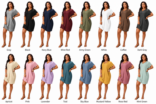 Plus Size Women's Loose T-Shirt Dress, V Neck & Batwing Sleeve Design